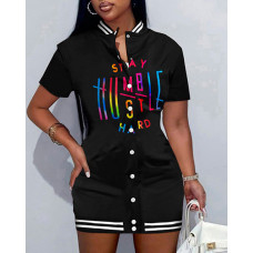 Stay Humble Hustle Hard Print Baseball Collar Casual Dress - black