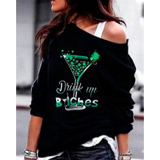 St.Patrick's Day Clover Letter Print Colorblock Long Sleeve Casual Top - black