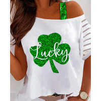 St.Patrick's Day Clover Letter Print Short Sleeve T-Shirt - white