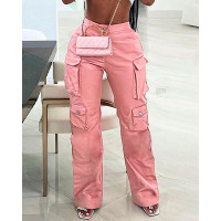 Straight Leg Pocket Design PU Leather Pants - pink