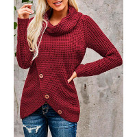 Strap Decor Mock Neck Buttoned Asymmetrical Sweater - red