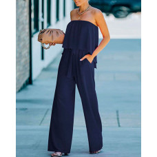 Strapless Bandeau Pocket Design Ruffles Wide Leg Jumpsuit - dark blue