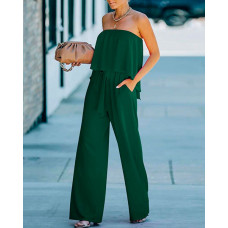 Strapless Bandeau Pocket Design Ruffles Wide Leg Jumpsuit - dark green