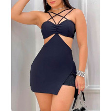 Strappy Cutout Ruched Mini Dress - black