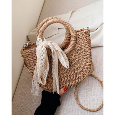 Straw Woven Round Handle Bowknot Design Tote Bags - khaki