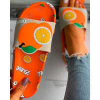 Strawberry / Avocado / Orange Pattern Open Toe Flat Sandals - orange