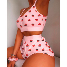 Strawberry Print Frill Hem Cami Set - pink