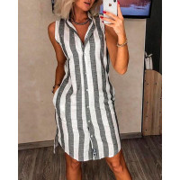 Stripe Print V-neck Button Straight Vest Shirt Dress - gray