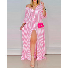 Striped Button Design High Slit Maxi Dress - pink