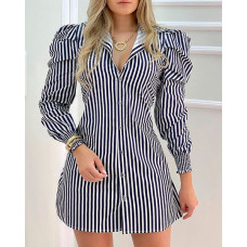 Striped Button Design Puffed Sleeve Shirt Dress - blue