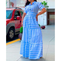 Striped Button Front Ruffles Maxi Dress - blue