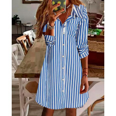 Striped Button Front Shirt Dress - blue