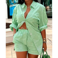 Striped Buttoned Shirt & Shorts Set - green