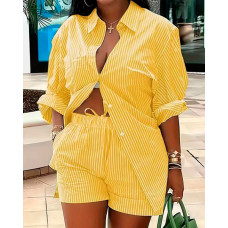 Striped Buttoned Shirt & Shorts Set - yellow