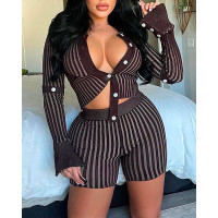 Striped Buttoned Top & Shorts Set - brown