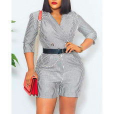 Striped Buttoned Work Romper Without Belt - light gray