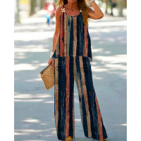 Striped Chain Strap Tank & Wide Leg Pants Set - dark blue