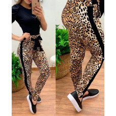 Striped Cheetah Print Tied Detail Skinny Pants - Leopard