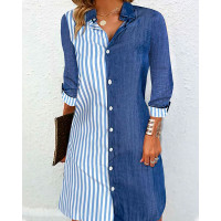 Striped Colorblock Buttoned Shirt Dress - blue