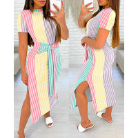 Striped Colorblock Knotted Side Slit Casual Dress - Multicolor