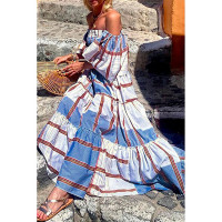 Striped Colorblock Off Shoulder Shirred Ruffles Maxi Dress - blue