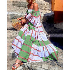 Striped Colorblock Off Shoulder Shirred Ruffles Maxi Dress - green