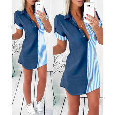 Striped Colorblock Patchwork Buttoned Shirt Dress - blue