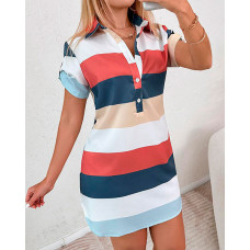 Striped Colorblock Print Short Sleeve Button Design Shirt Dress - Multicolor