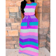 Striped Colorblock Sleeveless Casual Dress - purple