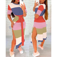 Striped Colorblock Tied Detail Slit Casual Dress - Multicolor