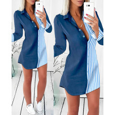 Striped Colorblock Turn-down Collar Buttoned Shirt Dress - blue