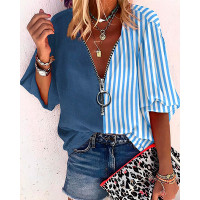 Striped Colorblock Zip Front Chiffon Top - blue