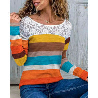 Striped Contrast Lace Long Sleeve Top - Multicolor