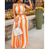 Striped Crisscross Backless Crop Top & Wide Leg Pants Set - orange