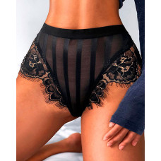 Striped Crochet Lace Patch Panty - black