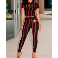 Striped Crop Hooded And Pants Set - black