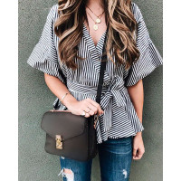 Striped Flared Sleeve Tied Waist Peplum Blouse - black