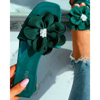 Striped Floral Pattern Square Toe Flat Sandals - green