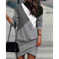 Striped Geometric Long Sleeve Casual Dress - gray