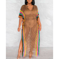 Striped Hollow Out Crochet Cover Up Dress - Apricot