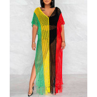 Striped Hollow Out Crochet Cover Up Dress - Multicolor