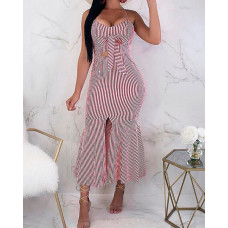 Striped Knot Cutout Front Slit Pep Hem Maxi Dress - pink