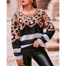 Striped Leopard Pattern Long Sleeve Sweater - style1