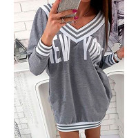 Striped Letter Print Long Sleeve Casual Sweatshirt - light gray