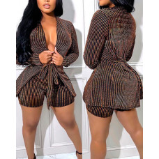 Striped Long Sleeve Belted Coat & Shorts Set - brown