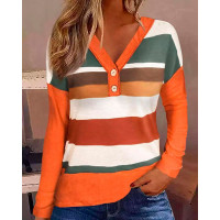 Striped Long Sleeve Buttoned Top - Multicolor