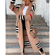 Striped Long Sleeve Open Front Longline Cardigan - khaki