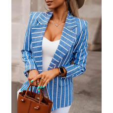 Striped Notched Collar Blazer Coat - blue