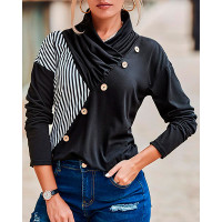 Striped Patchwork Button Decor Long Sleeve Top - black