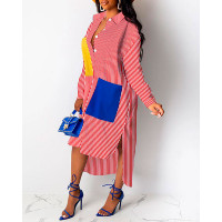 Striped Patchwork Pocket Dip Hem Shirt Dress - red